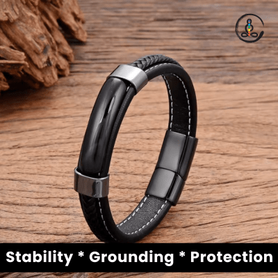 Black Agate Natural Stone Men's Leather Bracelet