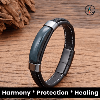India Agate Natural Stone Men's Leather Bracelet