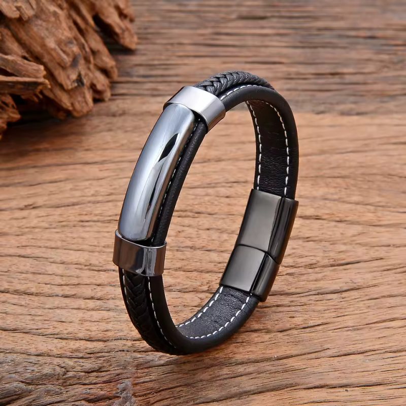 Hematite Natural Stone Men's Leather Bracelet - Image 4