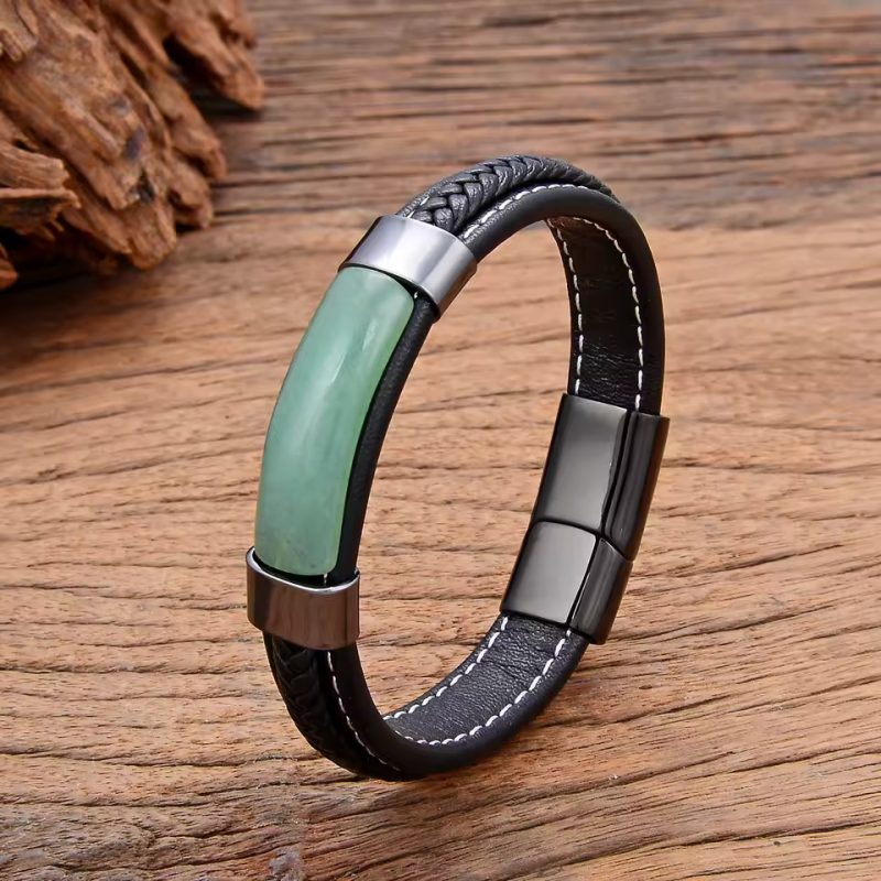 Aventurine Natural Stone Men's Leather Bracelet - Image 4