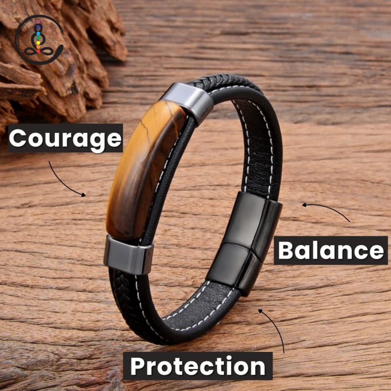 Tiger Eye Natural Stone Men's Leather Bracelet - Image 2